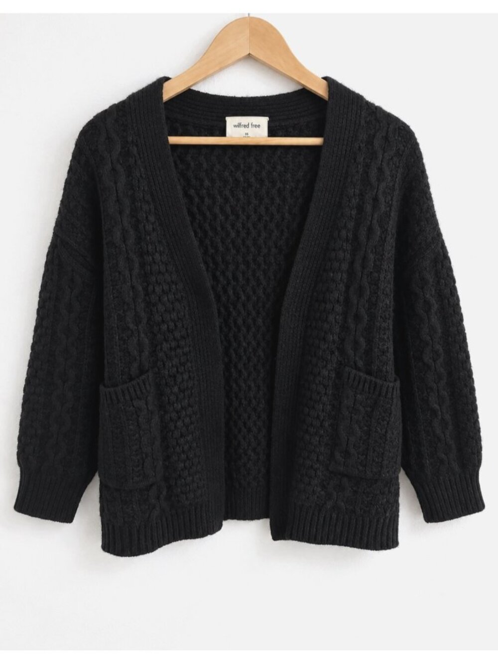 Aritzia Wilfred Free Merino Wool Cable Knit Cardigan Fisherman Black Women’s 2XS